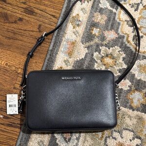 NEW!! Michael Kors Black Leather Crossbody with Silver Chain